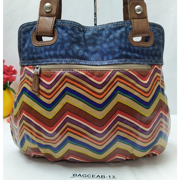 Fossil Key Per Multicolor Coated Canvas Stripe Double Handle Tote Shoulder Bag - Picture 2 of 15